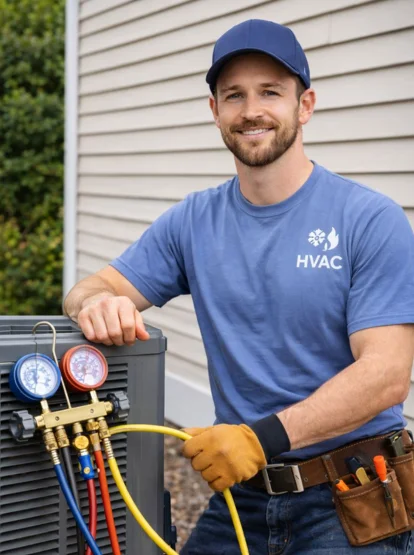 HVAC technician servicing air conditioner