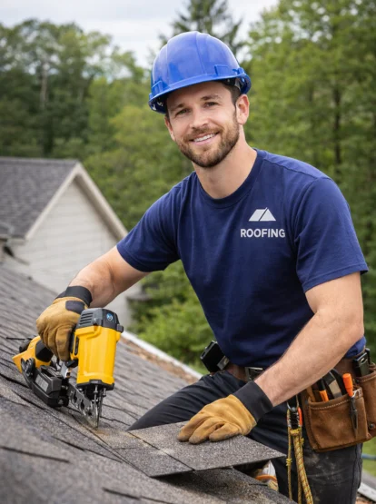 Roofer installing shingles on a roof